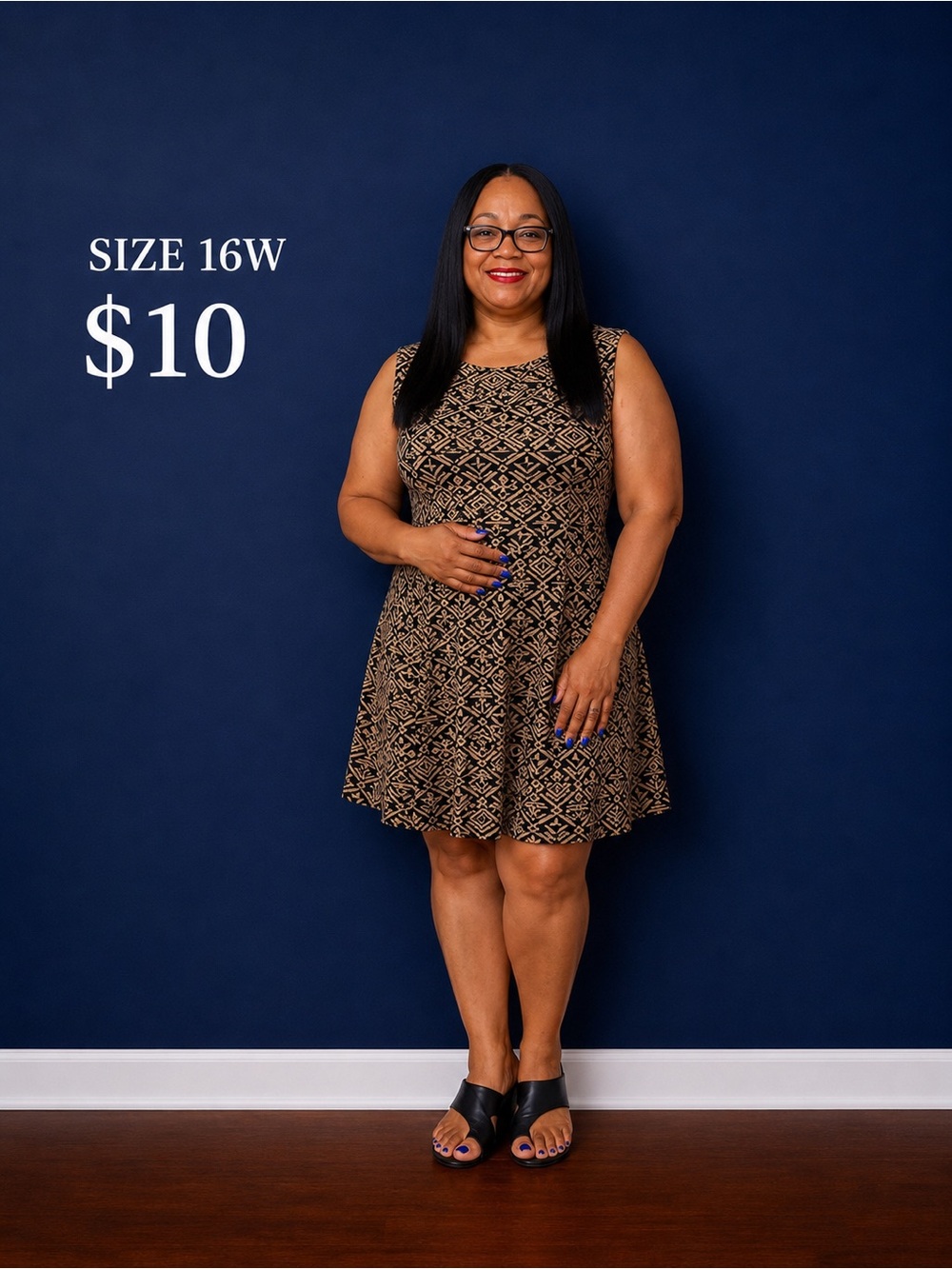 Sleeveless Geometriccyt Print Fit-and-Flare Dress in Black and Tantxrrr e uhuhug
